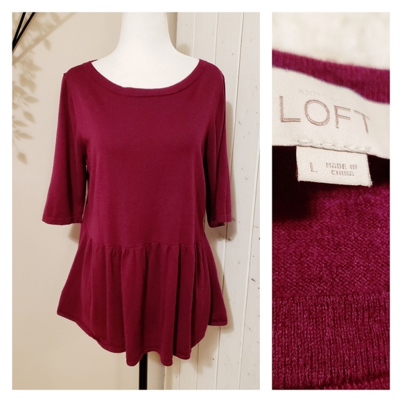 LOFT | PEPLUM SCOOPNECKED WOOL BLEND BURGANDY TOP - Picture 1 of 8